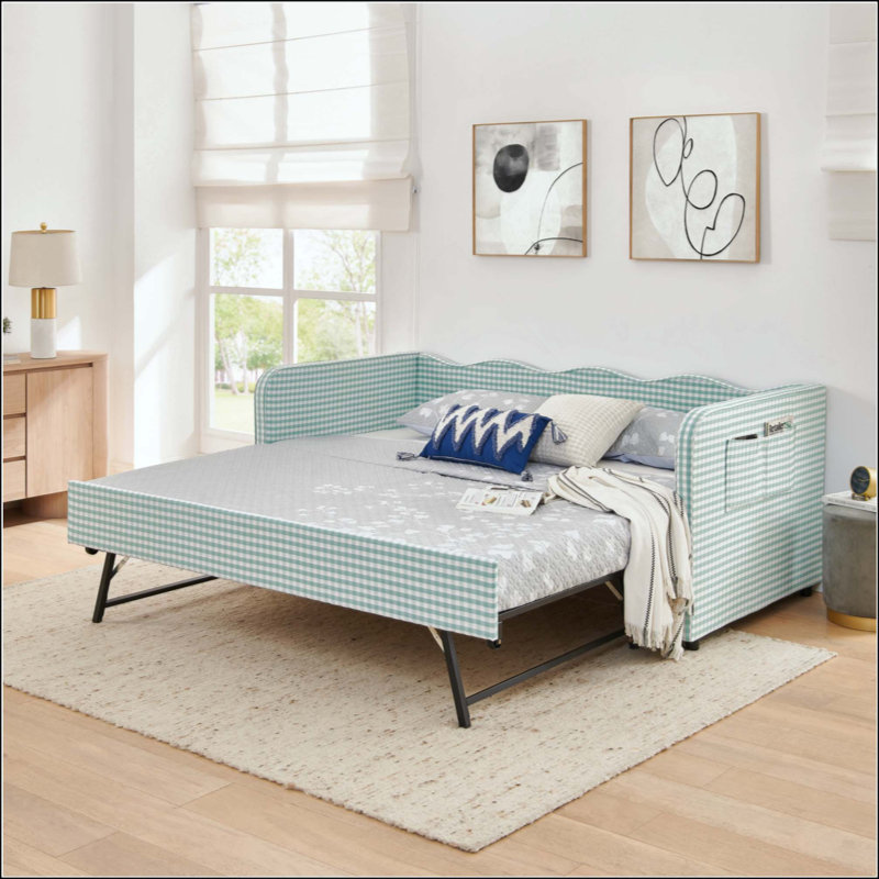 Divan-lit rembourré polyvalent 3 en 1 avec couchette coulissante et poches de rangement latérales, idéal pour les espaces multiples et les espaces restreints