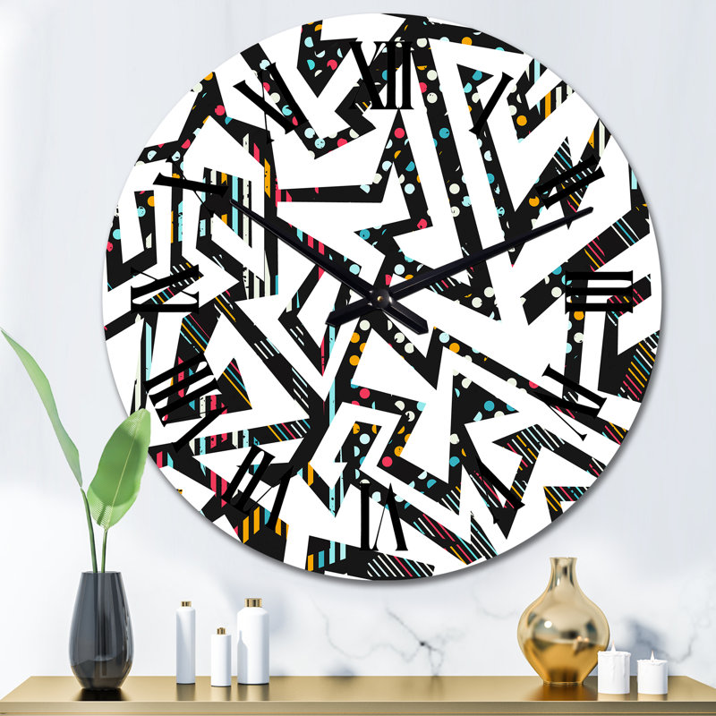 Abstract Geometric Black Lines on White - Patterned Wall Clock, Medium