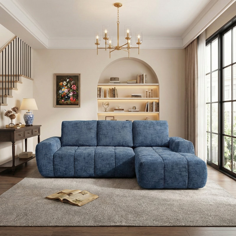 100" Chenille Compression Sofa with Chaise, L-Shaped Furniture for Living Room, Blue
