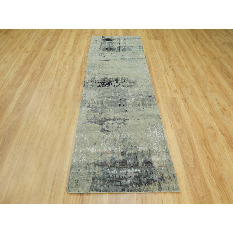 Tapis de couloir gris clair / bleu clair noué à la main de conception unique 2 pi 8 po x 7 pi 10 po New Age Fardy