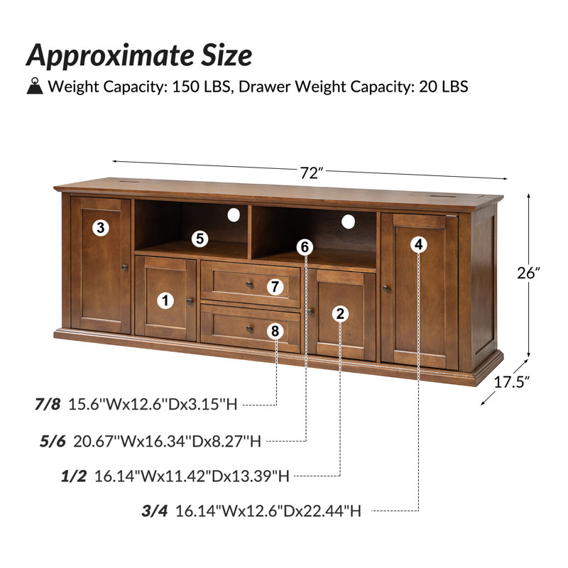 Tinslee 72"W  Traditional TV Stand Charging Station with Cable Management and LED Lighting Strips, Walnut