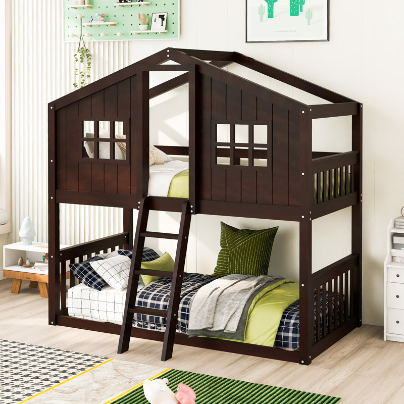Twin Over Twin House Bunk Bed With Ladder, Wood Bed-Espresso, Espresso