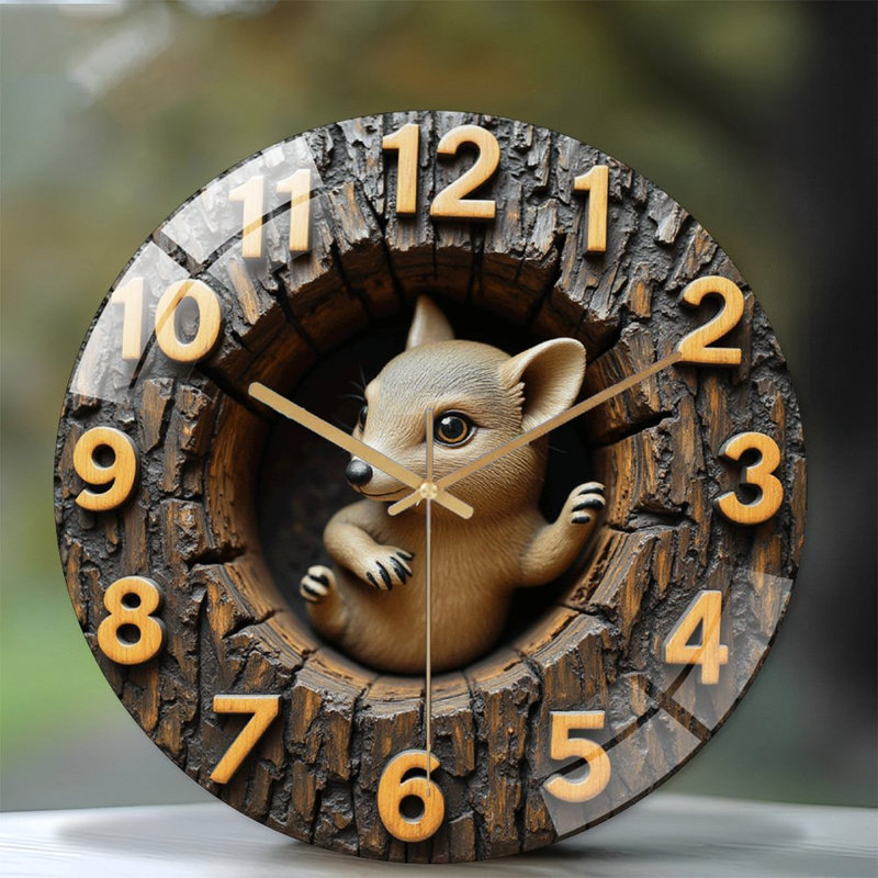 Horloge murale en bois avec motif de renard et art numérique - Horloge murale 12 po