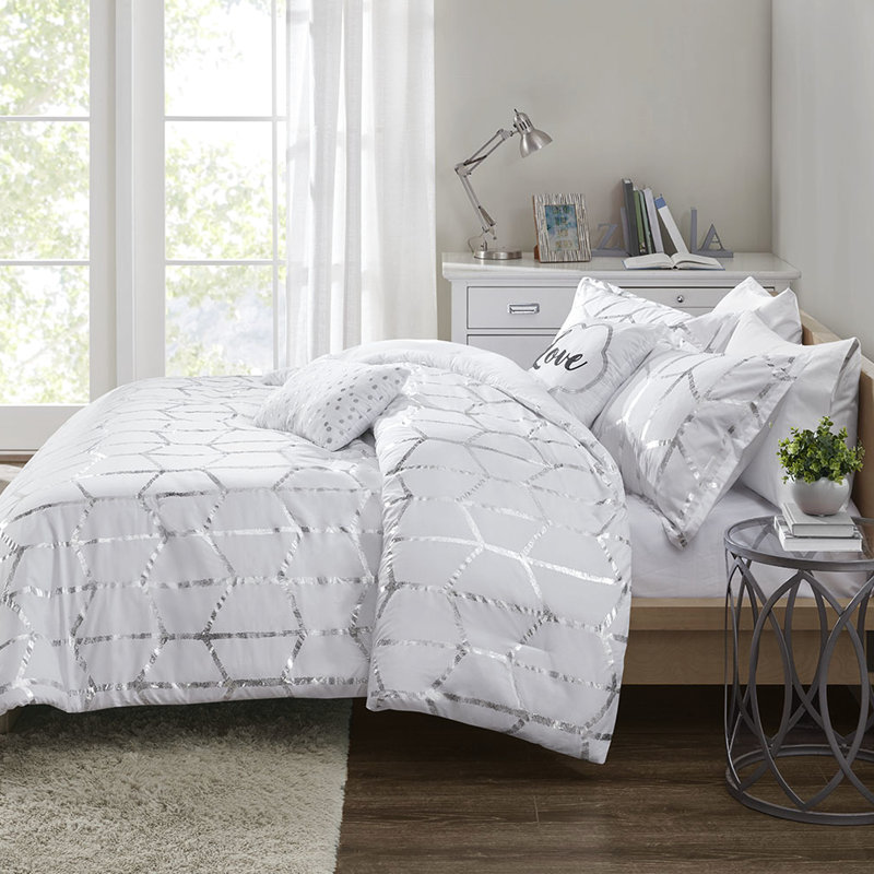 Courtepointe double / grand - imprimé géométrique argenté sur fond blanc, microfibre douce, 2 taies décoratives, coussins décoratifs, imprimé couette lavable à la machine, literie tendance