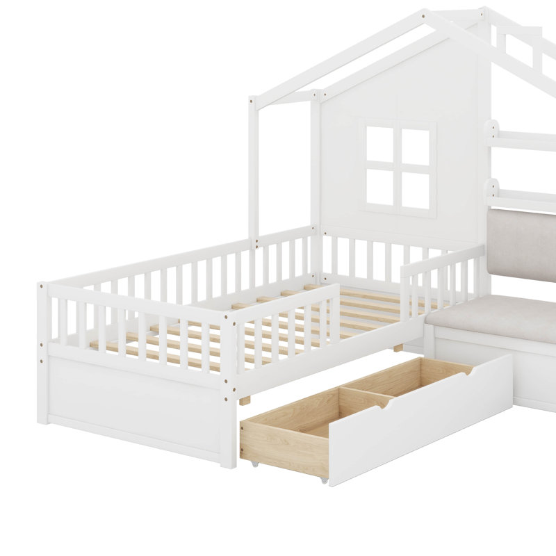 Lit simple avec canapé, lit plateforme pour enfants avec 2 tiroirs et tablette, Blanc