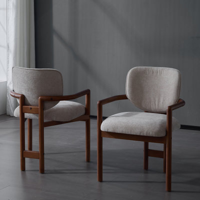 Dining Chairs Set of 2 Upholstered Arm Chairs, Rubber Wood Accent Chairs Beige Fabric Seating, 300 LBS Weight Capacity