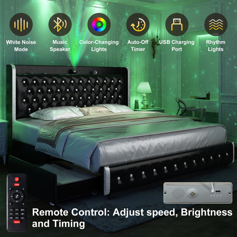 Modern Upholstered Platform Bed Frame with Crystal Button Wingback Headboard, Galaxy LED Light and 4 Storage Drawers, Queen