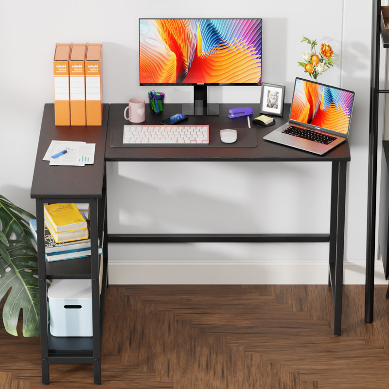 "Bureau d'ordinateur en L de 43 pouces, bureau de jeu avec structure en métal robuste, bureau d'angle avec tablettes de rangement réversibles pour le bureau personnel, le jeu et le bureau - noir"