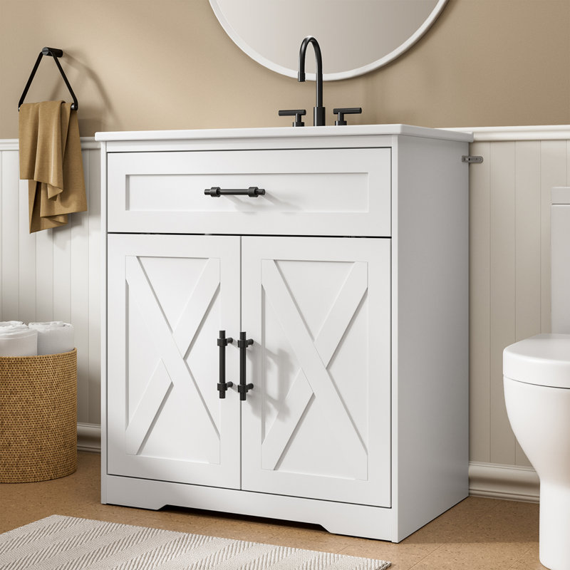 Meuble-lavabo de ferme 30 po avec lavabo en céramique, tiroir inclinable et tablette réglable, blanc, Blanc