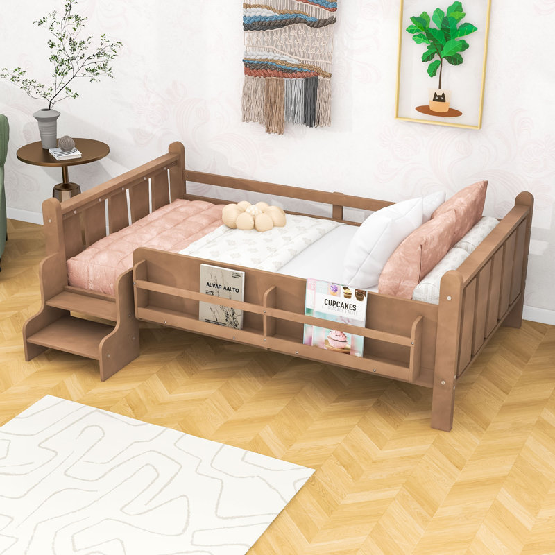 Floor Bed with Storage Bookcases and Guardrails, Natural, Twin