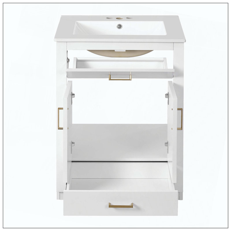 Single Sink Bathroom Vanity Integrated Ceramic Sink 2 Doors Tip-Out, White