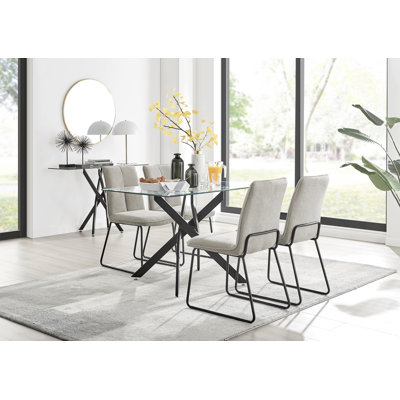 Lenworth Modern Glass & Chrome Metal Dining Table Set & 4 Luxury Fabric Dining Chairs