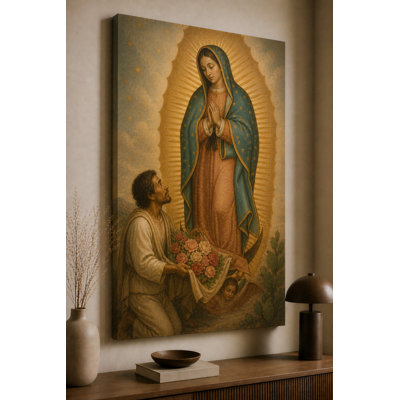 Large Our Lady of Guadalupe with Juan Diego Roses Wall Art Canvas Print 24x36 Inch  Artwork for  Living Room, Bedroom, Home, Prayer Room-Ready to Hang