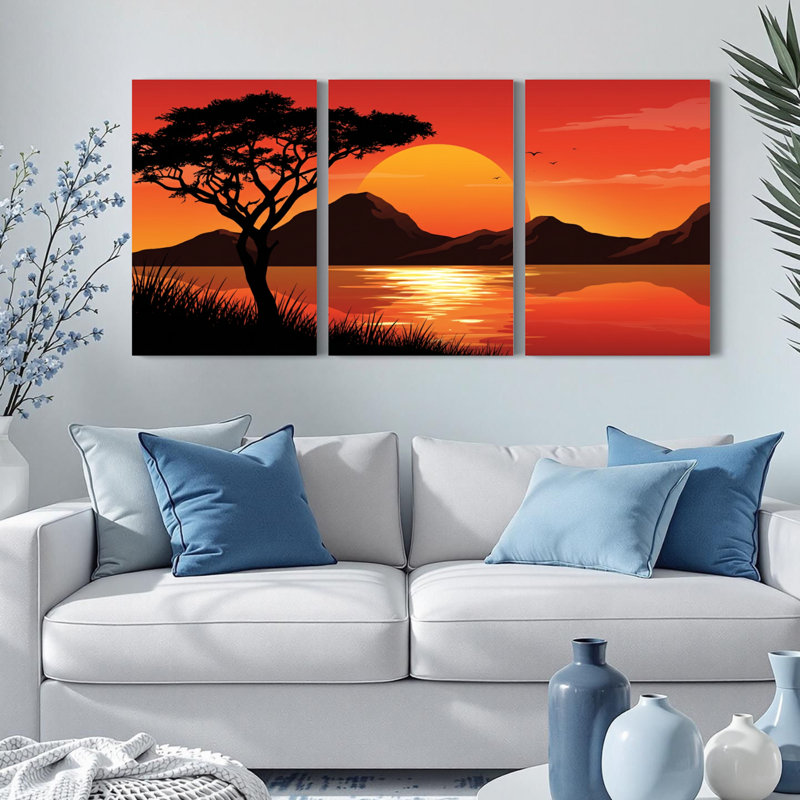Ensemble de 3 toiles murales représentant un coucher de soleil africain, 1218