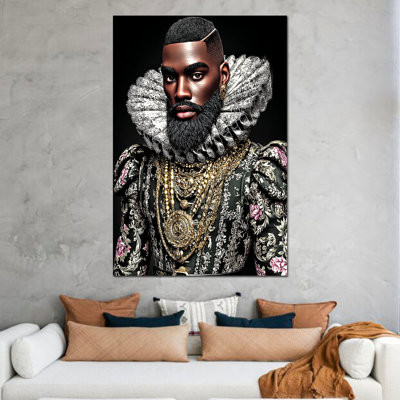 Large Baroque Royal Portrait Wall Art - Metallic Adorned Canvas Wall Decor for Living Room, Textured Regal Design Painting for Bedroom, Wrapped Canvas Print on Pine Frame