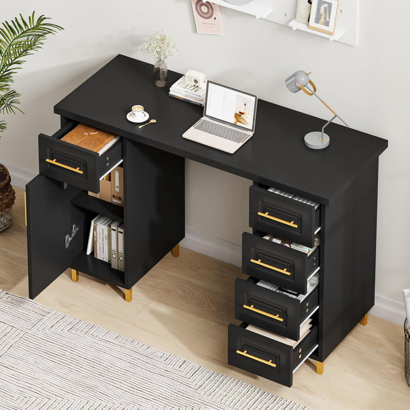 Bureau Nail Tech avec tiroirs, table de manucure de 43 pouces avec rangement pour Nail Tech, table de maquillage pour les ongles avec 5 tiroirs et armoire, bureau spa en bois