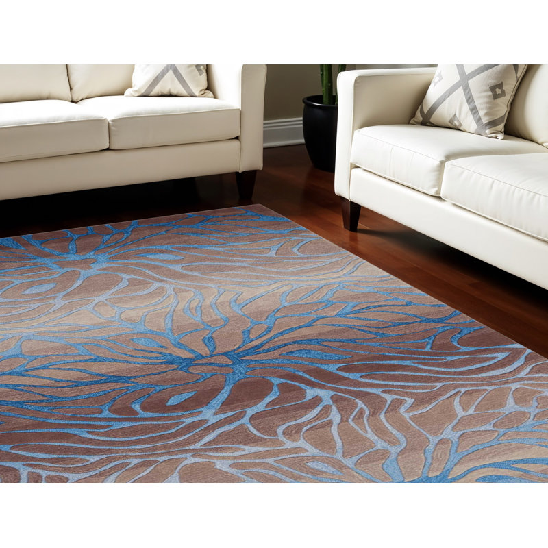 Tapis gris et bleu 8 pi x 11 pi à feuilles botaniques