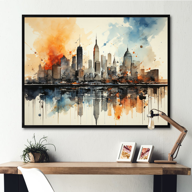 Colourful Nyc Cityscape Watercolor II - Print, 12" H x 20" W x 1" D, Black Floater Framed