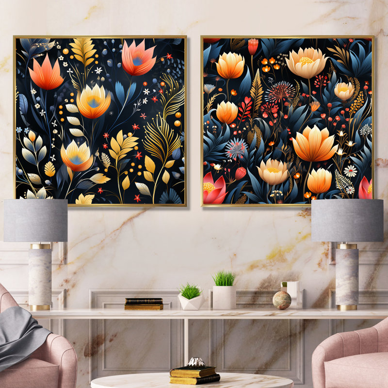 Thibodeau - Ensemble de 2 reproductions d'art sur toile florales, Cadre flottant doré, H 16 po x l 33 po x P 1 po
