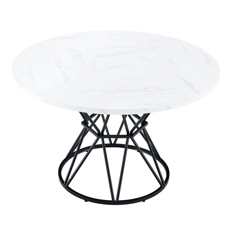 A Circular Dining Table With A Diameter Of 47.3 Inches, Composed Of 4 White Marble Patterned MDF Boards,Black Hourglass Shaped Metal Brackets,And A Modern Industrial Style Dining Table For 4-6 People.
