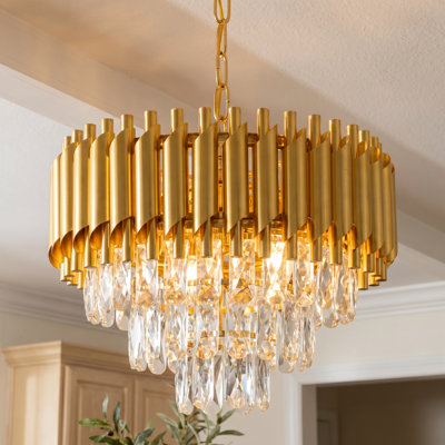 Modern Tiered Crystal Chandelier, Gold/Black, 15.7", E14 Base (No Bulb)