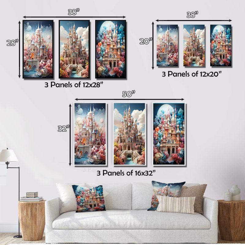 «Castles Whimsical Wonder Pastel I», ensemble de 3 pièces d'art urbain, Cadre blanc, H 20 po x l 36 po
