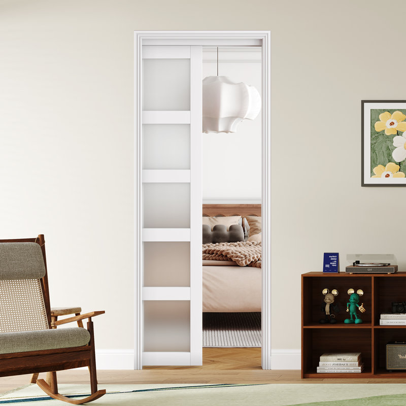 Porte coulissante à porte coulissante avec porte en verre trempé givré 5 pièces avec ensemble de quincaillerie, 36 po x 80 po
