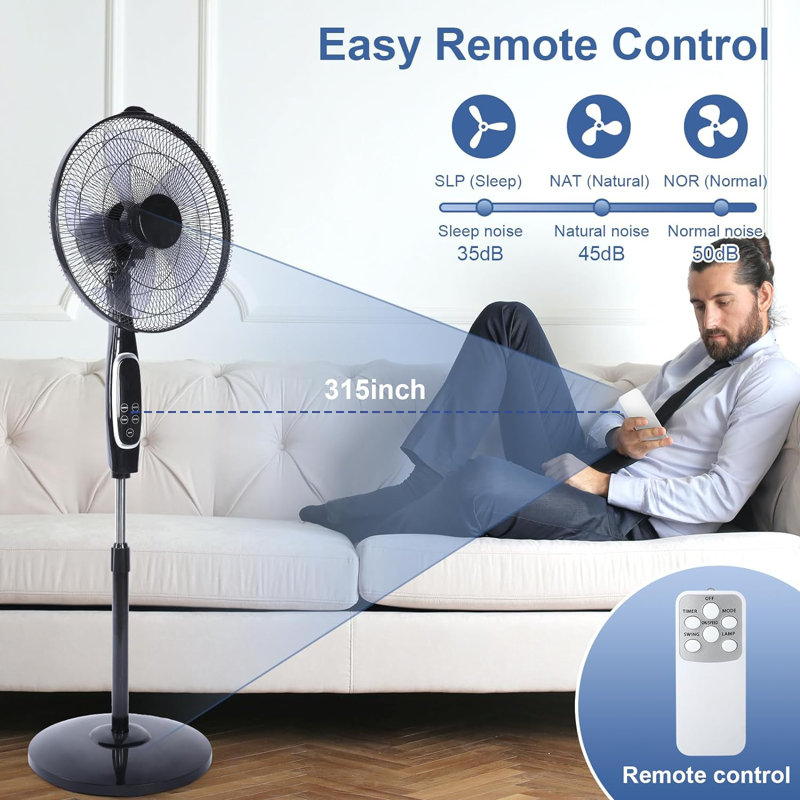 Black Adjustable Height Oscillating Floor Fan with Remote Control