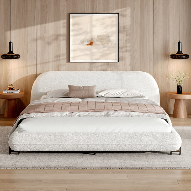 Structure de lit tapissier pour grand lit avec tissu bouclé et pieds en acier, blanc