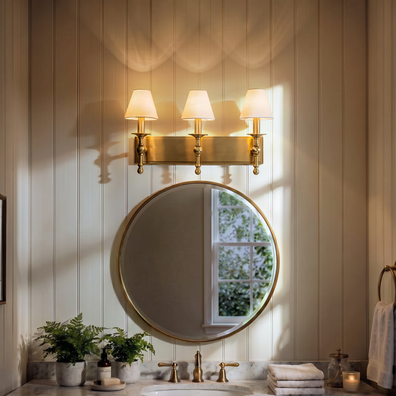 1-light Warm Brass Classic Wall Sconce With Fabric Shade Dimmable Contemporary Bath Sconce For Hallway Bathroom Bedroom, 3