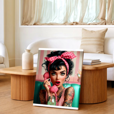 Retro Pin Up Woman Pink Phone Tattooed Girl Polka Dot Headscarf Print Canvas Wall Art Print, Decorative Home Accent, Living Room, Bedroom and Office Decor, Gallery Wall Artwork