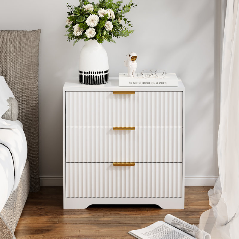 27"W Modern Nightstand With 3 Storage Drawers, White