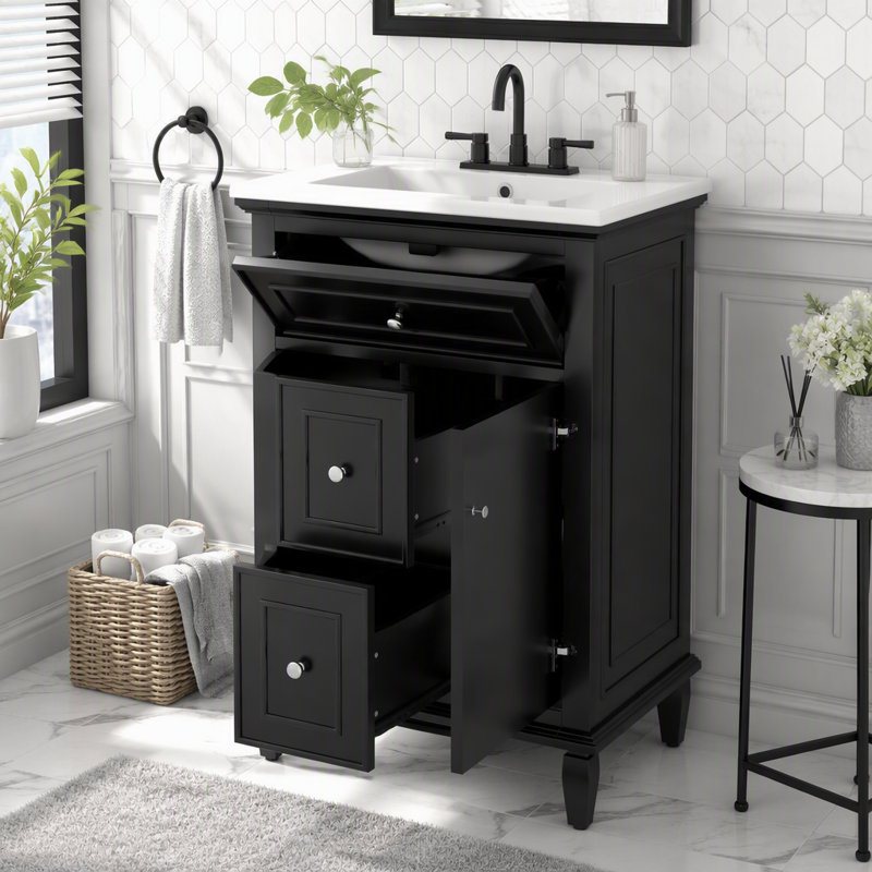 Meuble-lavabo 24 po avec lavabo et rangement intelligent, Noir, 24