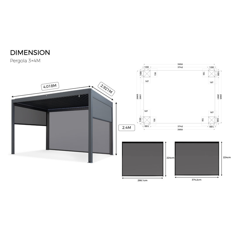 Blaiklee 3X 4 M Aluminium Pergola And 3 Side Walls