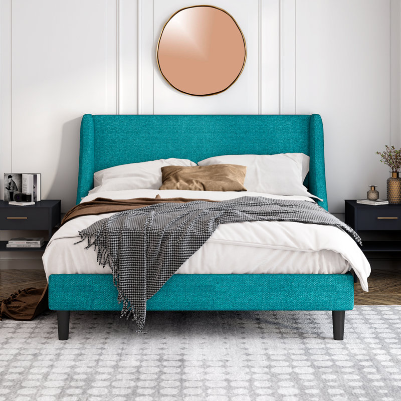 Toderick Upholstered Platform Bed with Deluxe Wingback and Linen Blend, Lake Blue, Full / Double