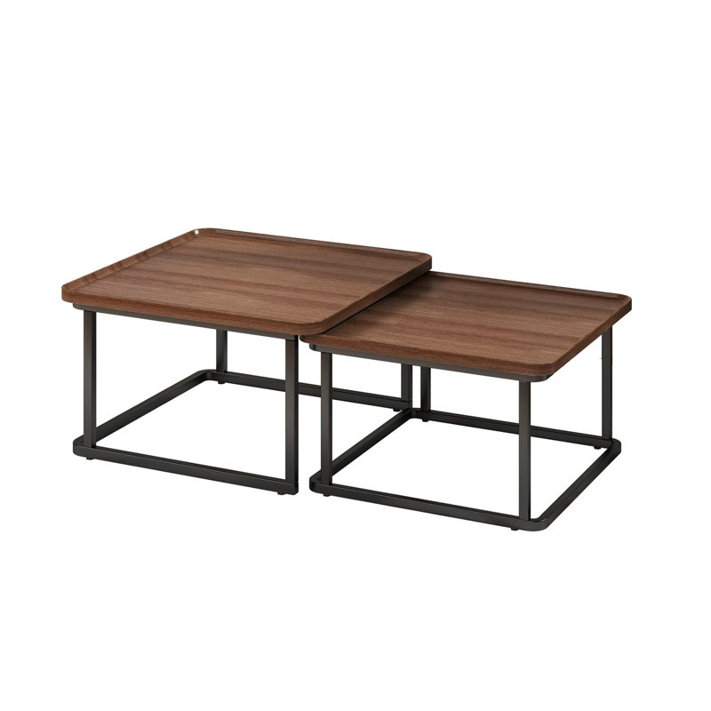 Set of 2 Square Nesting Coffee Tables (60 cm + 50 cm), Small Fluted Square Coffee Tables, Modern Center Table, Brown/Black