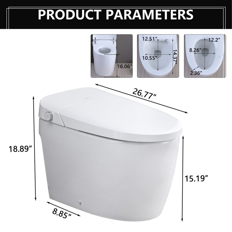 Combiné de bidet de toilette intelligent avec buse autonettoyante, siège chauffant, veilleuse, commande à bouton, chasse d'eau en cas de panne de courant, fermeture en douceur, chasse automatique, avec télécommande