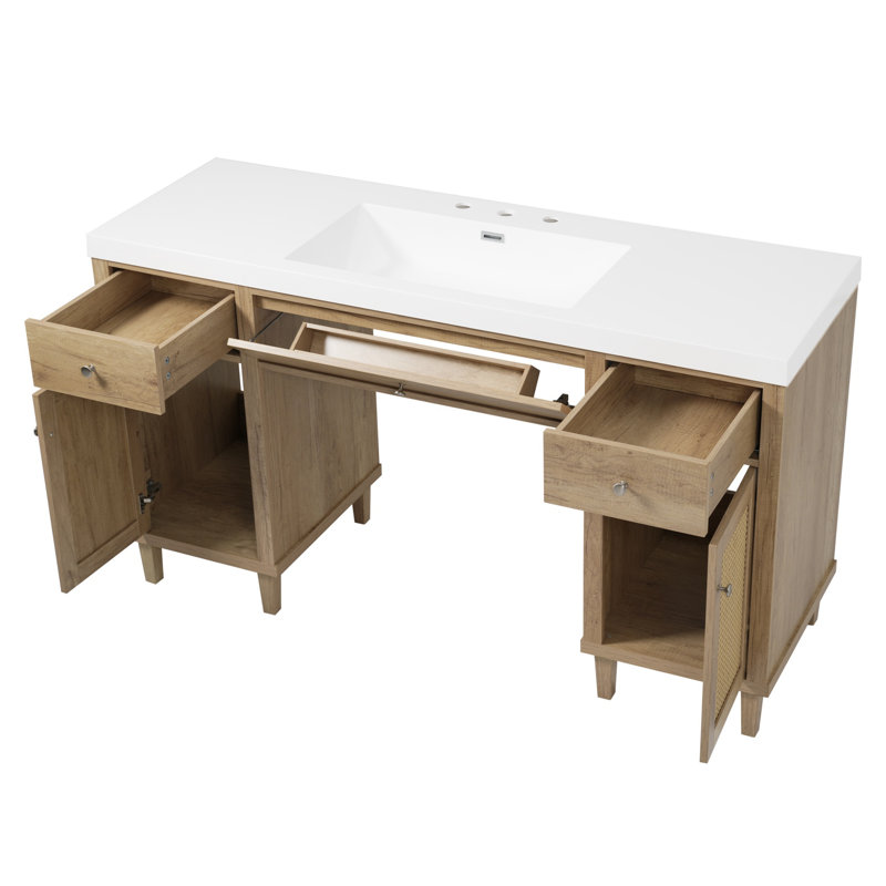 Meuble-lavabo simple 60 po avec lavabo SMC, Bois naturel