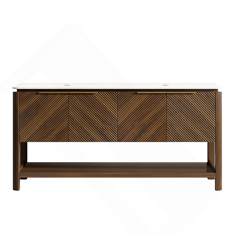 Armoire autoportante 60 po avec 4 portes et tablette ouverte, plateau en pierre frittée blanche, sans lavabo, sans robinet et bonde, noyer foncé