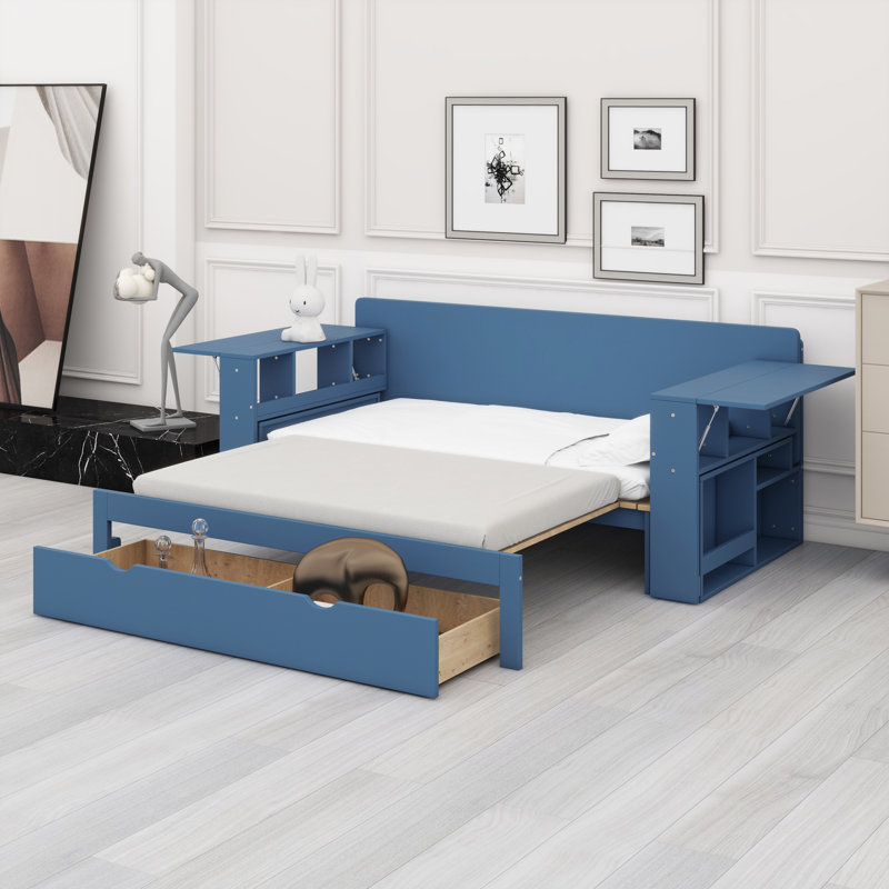 Lit de jour avec bureau amovible, tiroirs de rangement et table d'appoint hydraulique, Bleu, Complet/Double