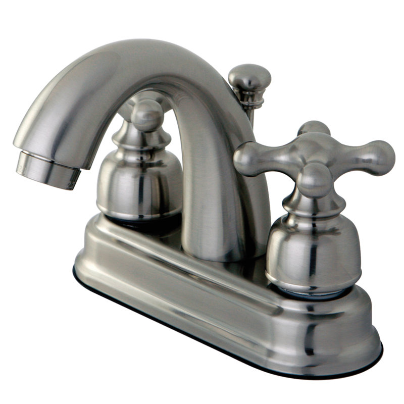 Kingston Brass Restoration Two-Handle 3-Hole Deck Mount 4" Centerset Bathroom Faucet with Plastic Pop-Up, Brushed Nickel