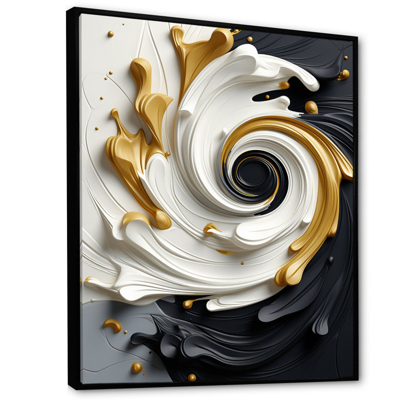 Liquide or noir et blanc texturé spirale magique - spirales abstraites, art mural, 40" H x 30" W, Cadre flottant noir