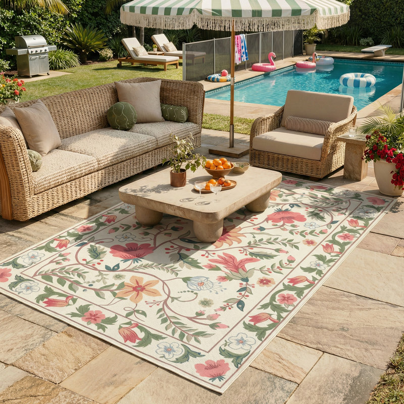  Washable 6X9 White Floral Outdoor Rug, Non Slip Quick-Dry Mesh Rug for Deck Backyard, Rectangle 6' x 9', White