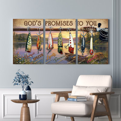 Ensemble de 3 tableaux sur toile « Les promesses de Dieu » représentant des leurres de pêche, pour la décoration du salon, de la chambre ou du bureau.