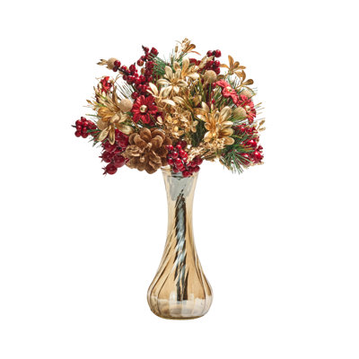 Xmas Cheer 9"H Floral Arrangement in Glass Vase