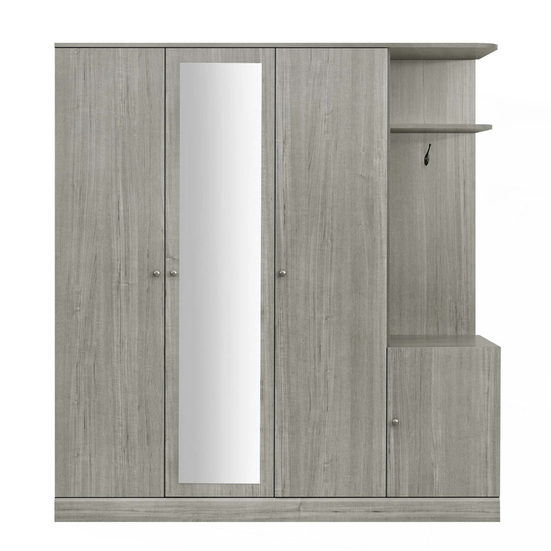 Armoire 4 portes avec tablettes, tiroirs et miroir pleine grandeur, Gris