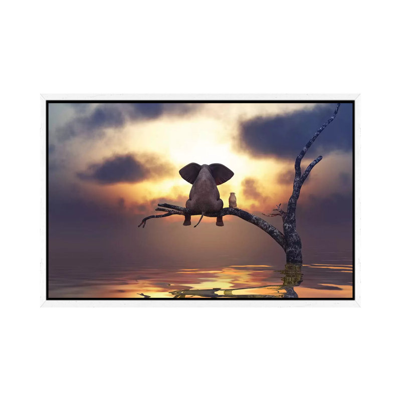 Elephant And Dog Are Sitting On A Tree by Mike Kiev - Print on Canvas, 66.04 cm H x 45.72 cm W, White Framed Canvas