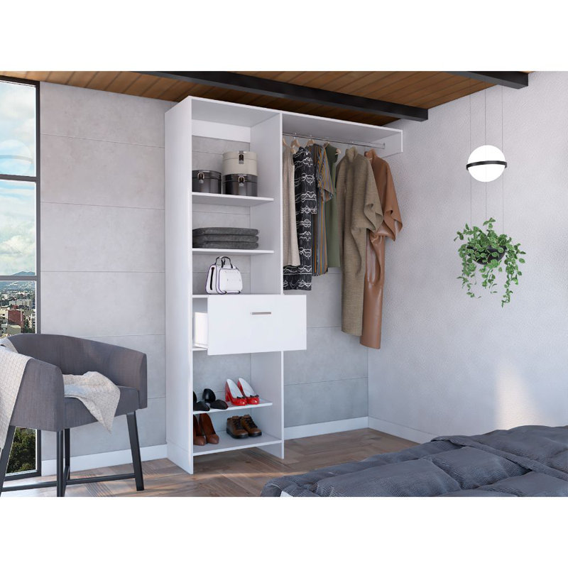 Manchester 150 Closet System with Metal Rod, 5 Open Shelves, and 1 Drawer, White