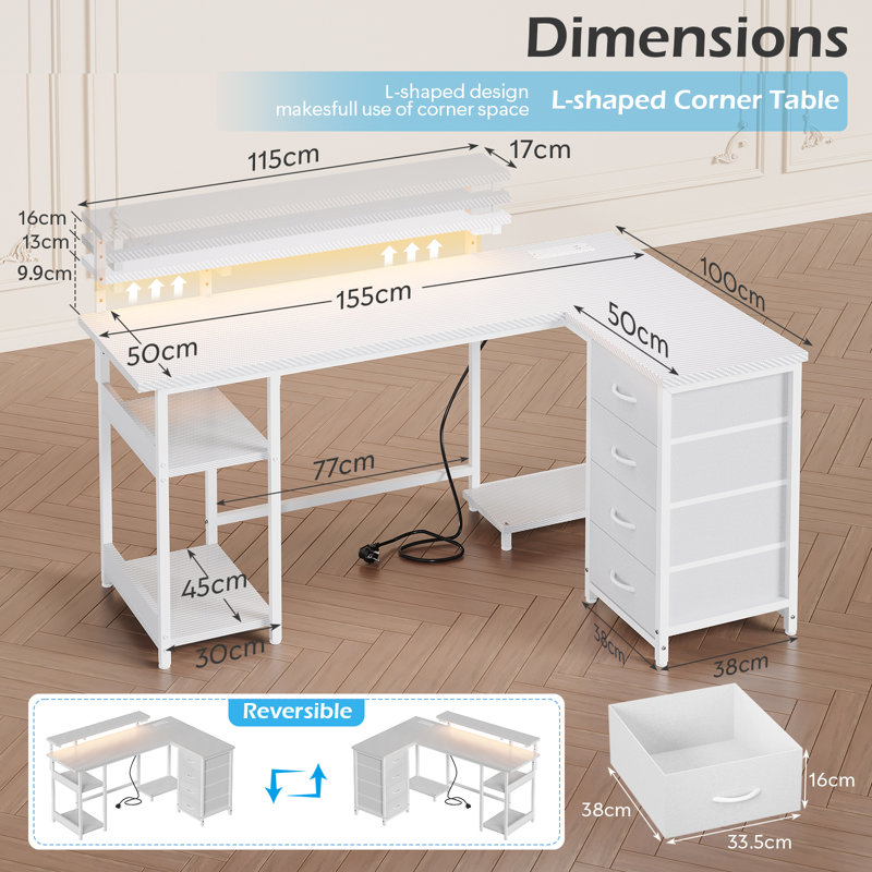 Modular L-Shaped Steel Computer Desk, 88cm. H x 155cm. W x 100cm. D, White