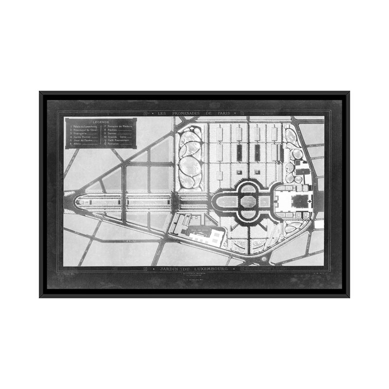 « french jardin blueprints ii », impression sur toile, H 18 po x l 26 po x P 1,5 po, Toile avec cadre noir, Pas de tapis